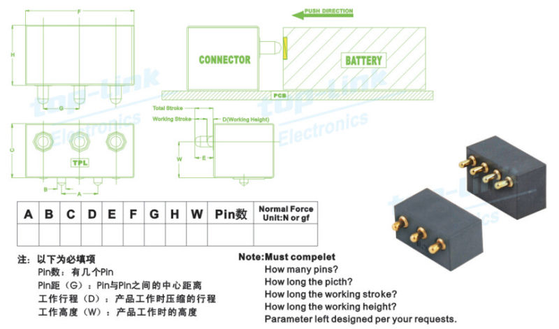 Pogo Pin Connector (PCB mount, 3 contacts, right angle)