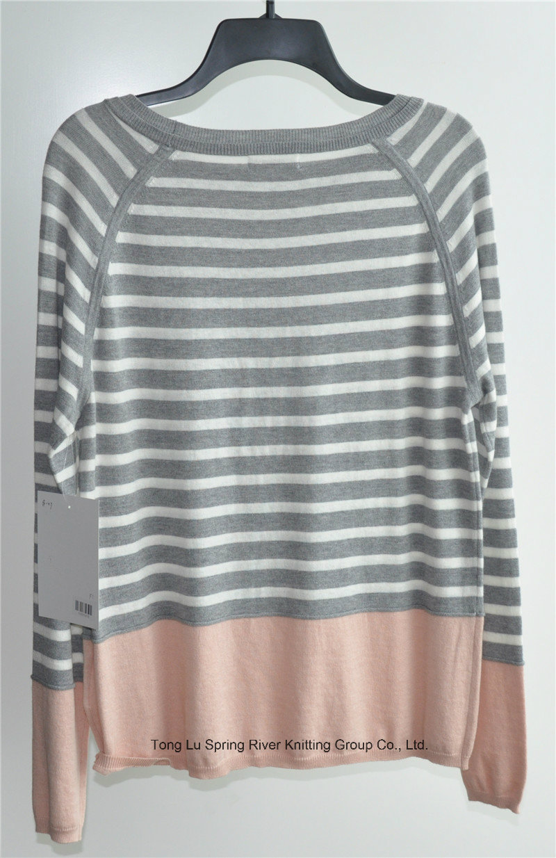 Ladies Round Neck Striped Pullover Knit Sweater