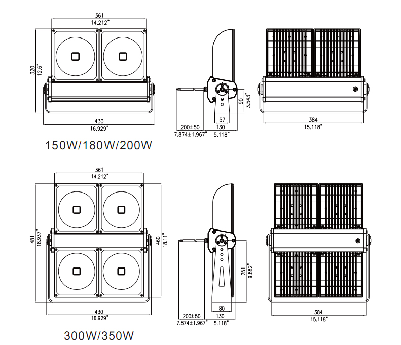 90W 150W 180W 200W 300W 350W IP65 Bridgelux High Power COB LED Floodlight