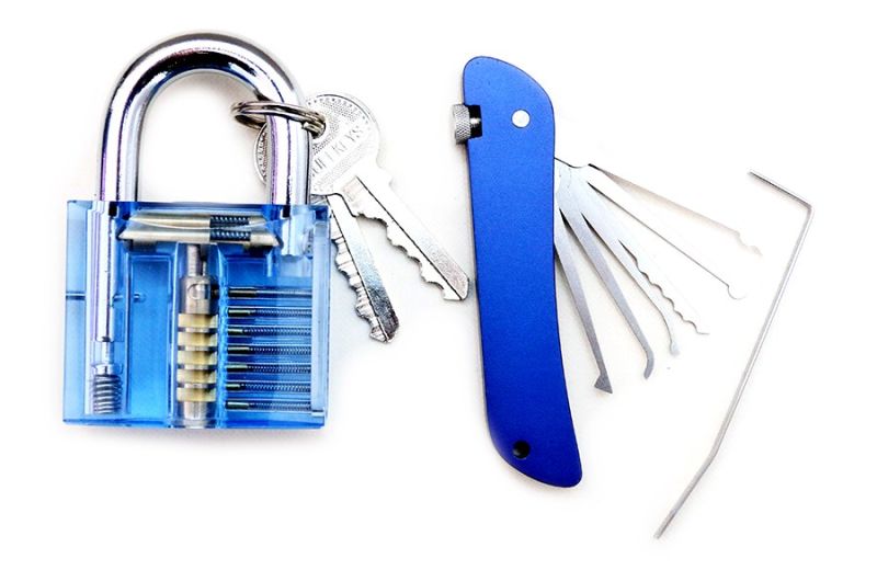 Blue Transparent Practice Padlock with Blue Folding Knife Lockpicking Tools (Combo 5-1)