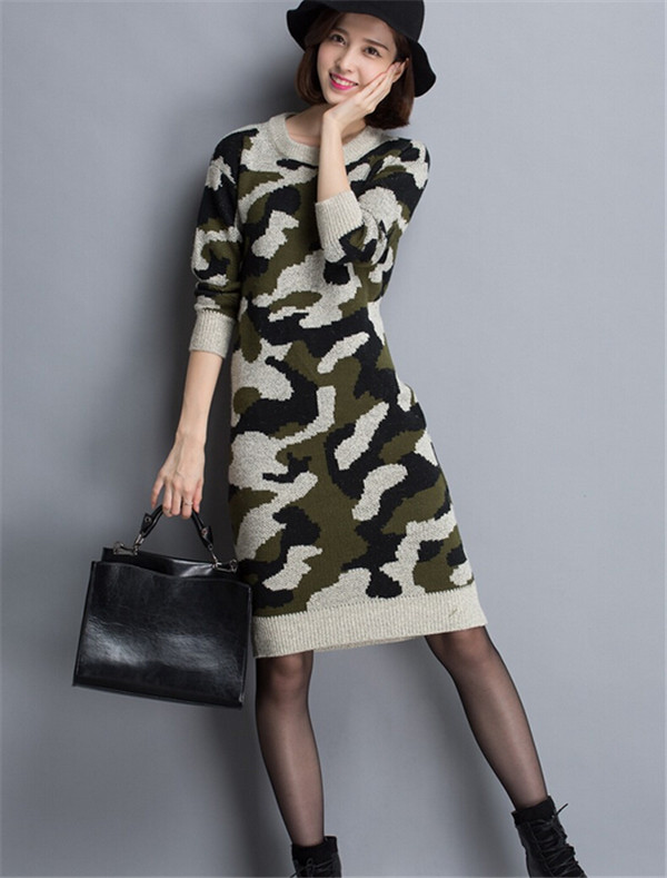 Korean O-Neck Camouflage Sweater Hoodies Knitting Dress