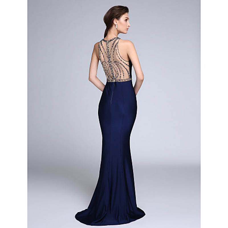 Formal Evening Dress Trumpet Mermaid Jewel Sweep Brush Train Tulle Jersey with Beading