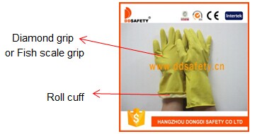 Yellow Household Latex Glove Flock Lined Diamond Grip DHL303