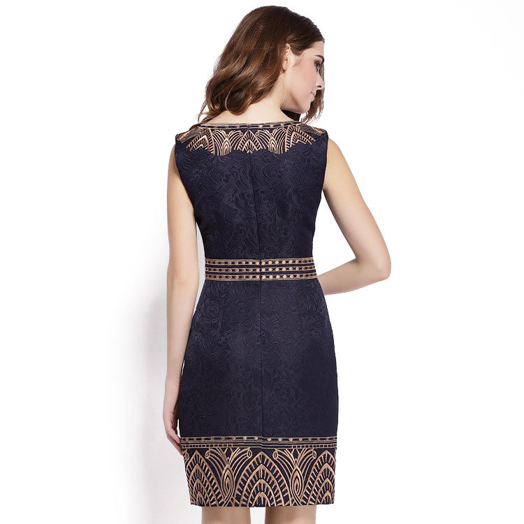 Nice Gold Lace Patchwork Wear Short Sleeve Leaf Neck Dress