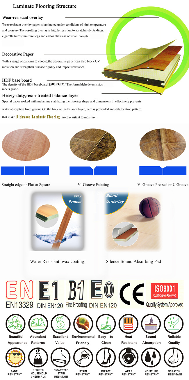 12.3mm E1 HDF AC4 Pearl Oak Water Resistant Laminated Wooden Laminate Wood Flooring