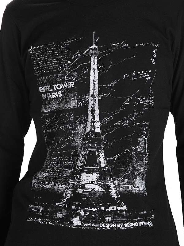 Tower Design Printing Black Cotton Custom Long Sleeve Men T Shirt