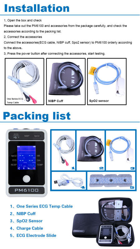 China Palm Patient Monitor (PM6100) ECG(Electrocardiograph), HR(heart rate), NIBP(noninvasive blood pressure), SpO2, PR(pulse rate), TEMP(body temperature).