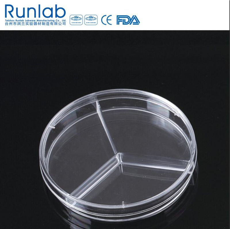 90*15mm Disposable Plastic Culture Petri Dish with Three Compartments