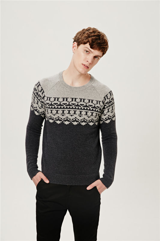 50%Lambs Wool50%Nylon Jacquard Pullover Knit Sweater for Men