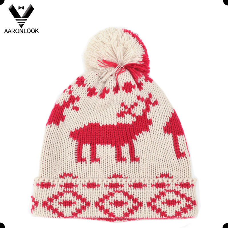 2016 New Fashion Deer Jacquard Pattern Beanie Hat with Pompom