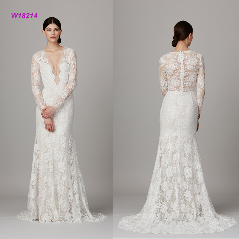 Long Sleeve V Neck Lace Wedding Dress