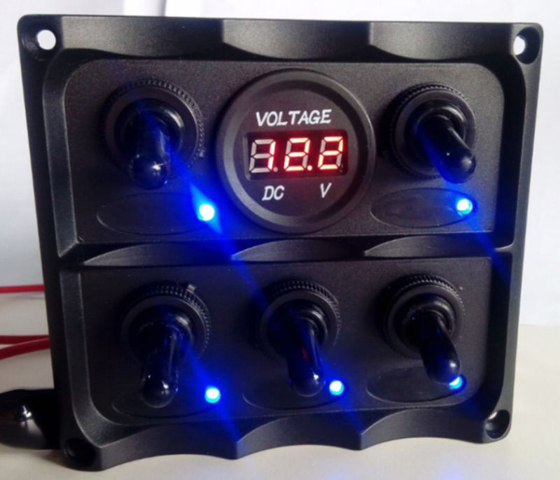 5 Gang LED Toggle Switch Panel Digital Battery Voltmeter for Caravan RV Boat Marine