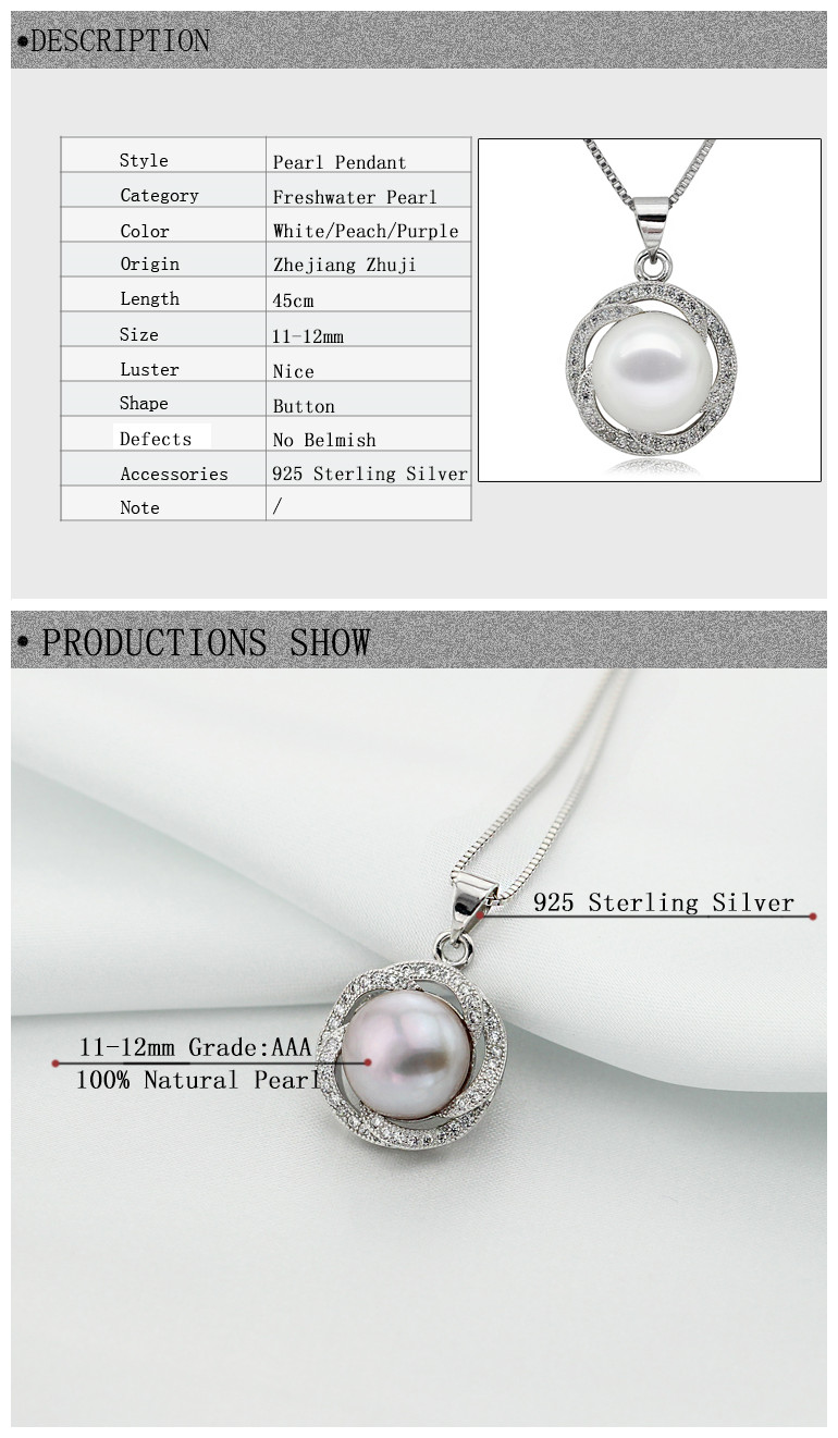 Fashion Freshwater Nice Design Pearl Pendant AAA Button 11-12mm 925 Silver Natural Pearl Pendant