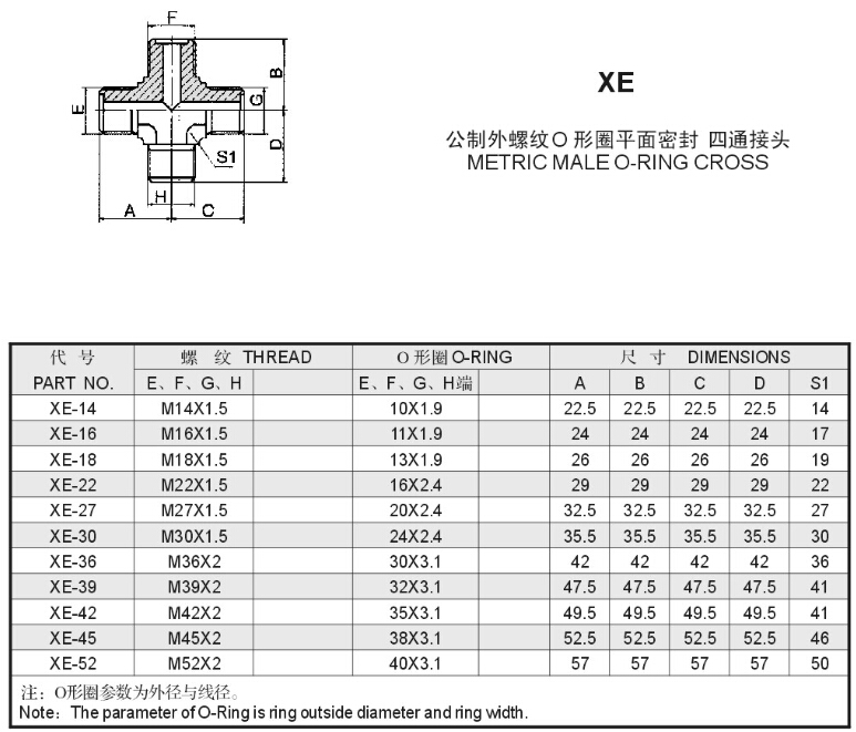 Metric Male O-Ring Cross Tube Fitting Hydraulic Adapter (XE)