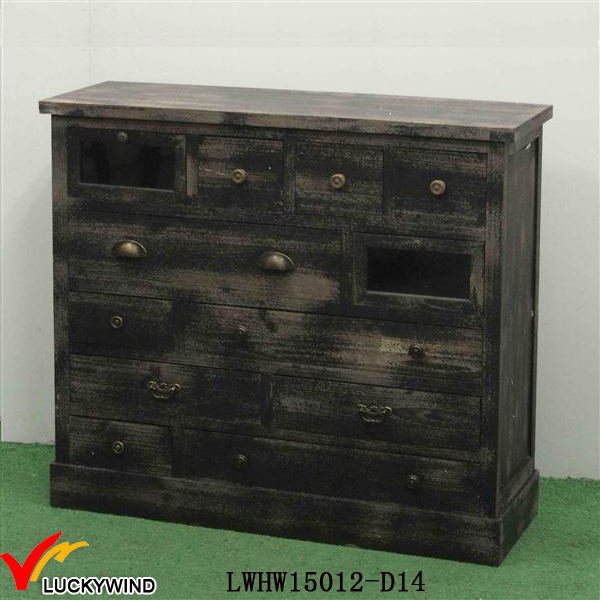 Many Drawers Storage Wooden Antique Black Cabinet