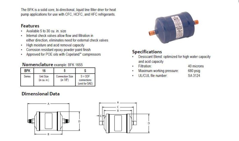 Bfk163 Filter, Emerson Filter Drier, Alco Filter Drier, Burnout Filter Drier