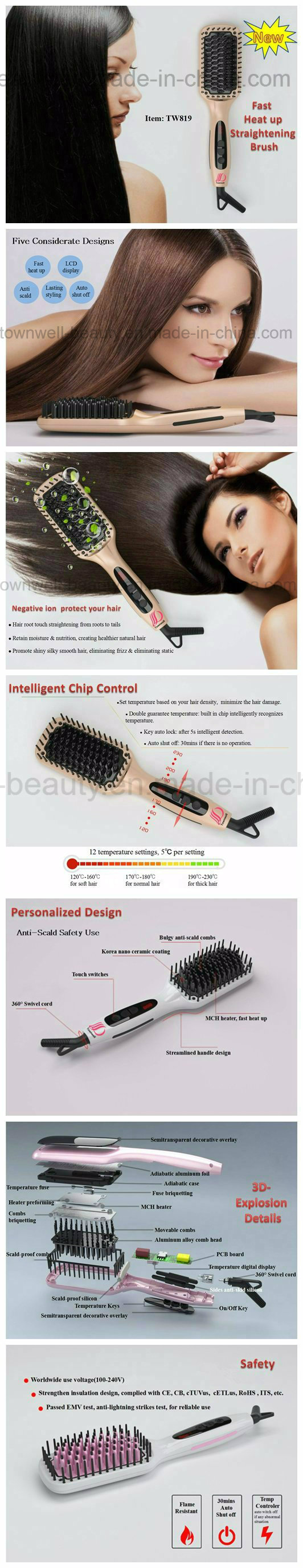 Tourmaline Ceramic Coating Mch Ionic Hair Brush Iron