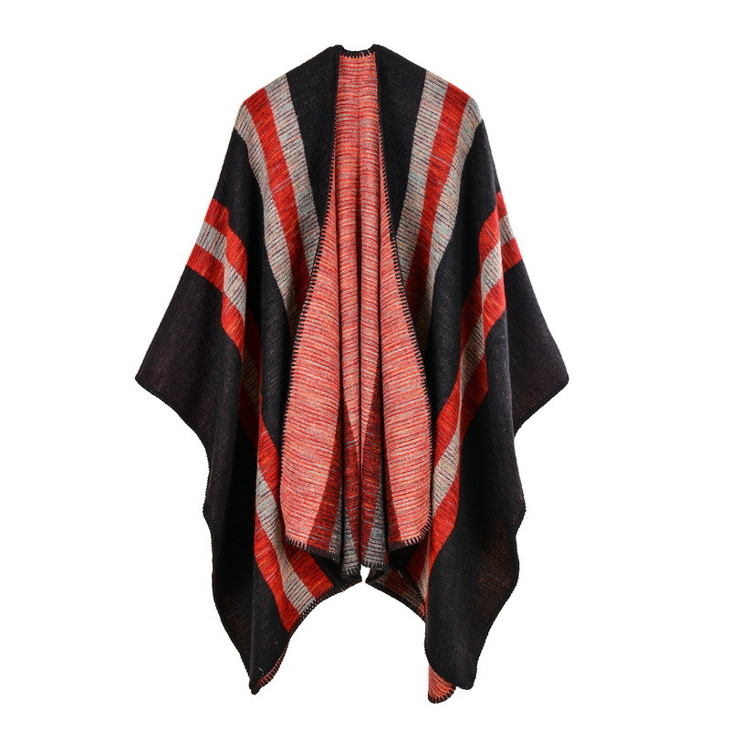 Women's Color Block Open Front Blanket Poncho Bohemian Cashmere Like Cape Thick Warm Stole Throw Poncho Wrap Shawl (SP227)