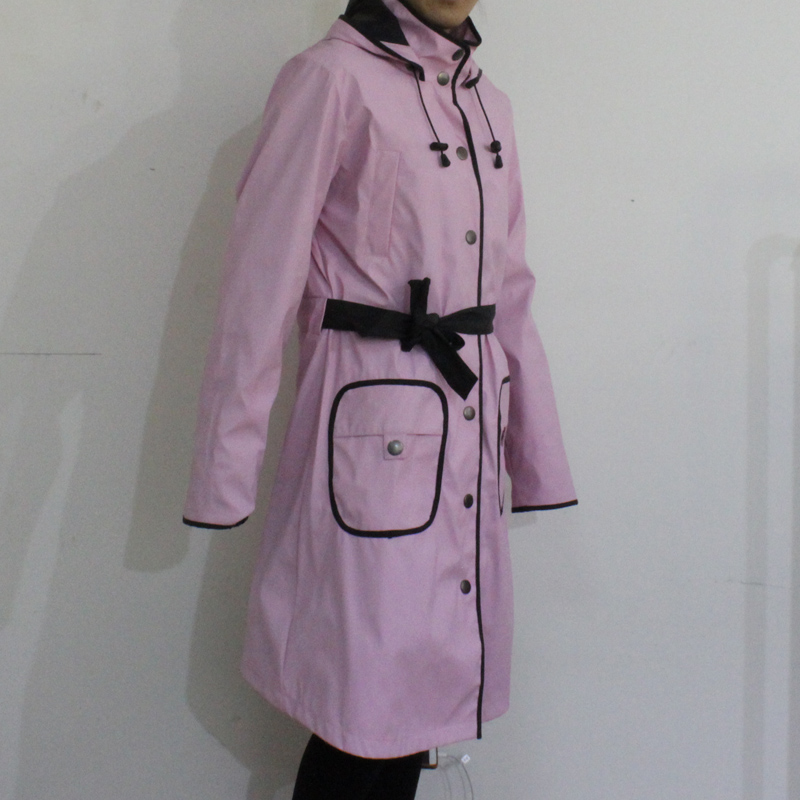 Pink Solid Hooded Waterproof PU Raincoat