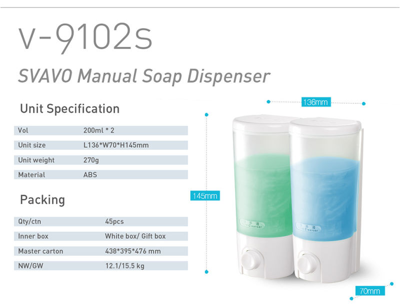 Plastic Wall Mount Soap Dispenser with Small Dual Tank (V-9102S)