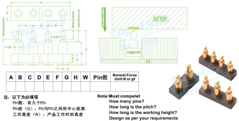 Double Row 8 Pin, Spring-Loaded Pogo Pin Connector, Gold-Plated