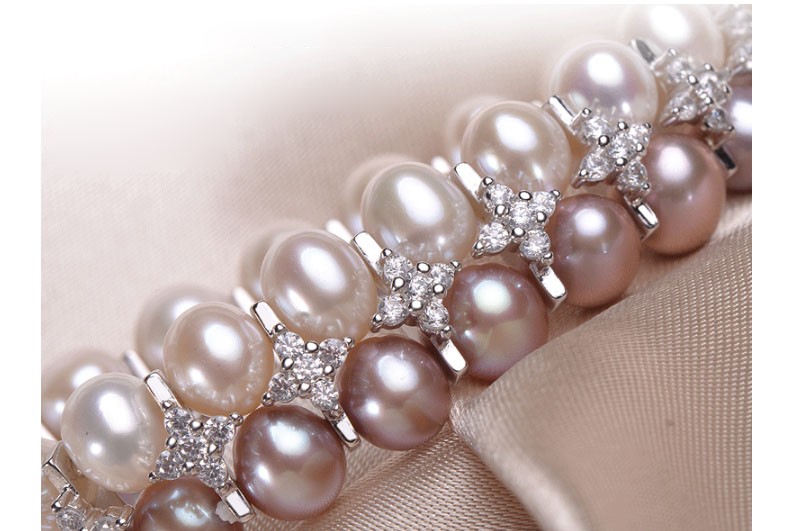 New Design Pearl Bracelet 8-9mm AAA Near Round Double Rows Sterling Silver Mixed Color Pearl Bracelet