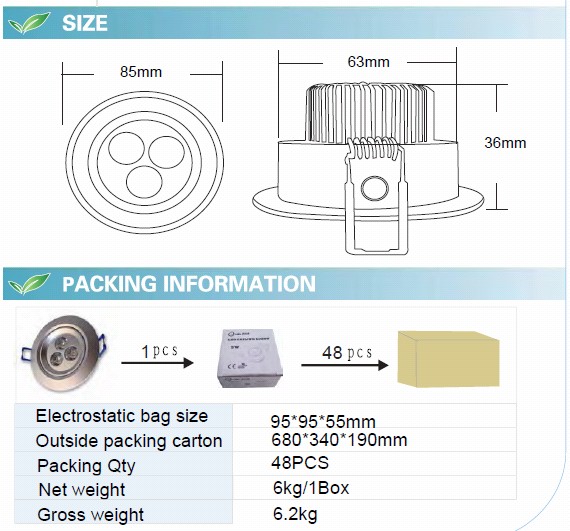 3W LED Ceiling Light with CE RoHS (GN-TH-CW1W3-02)