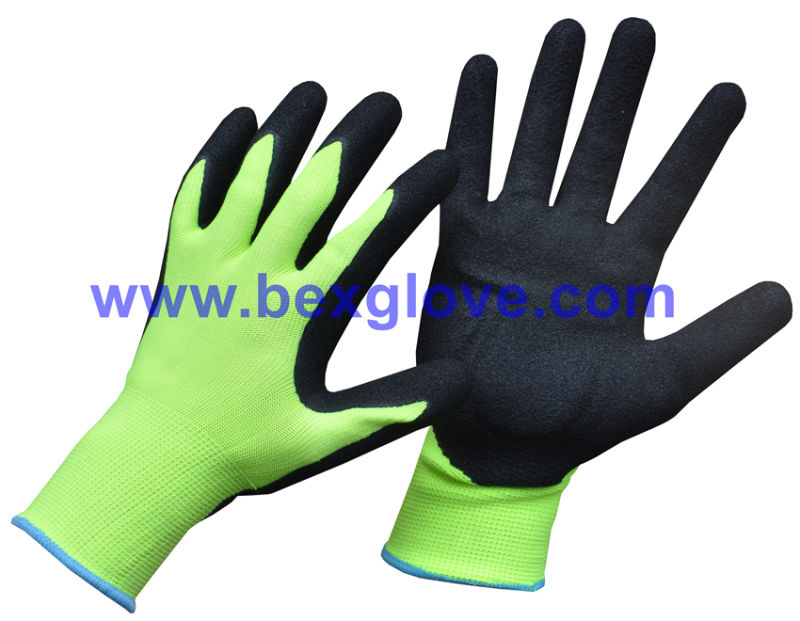 13 Gauge Fluores Polyester, Nitrile Coating, Sandy Finish Safety Gloves