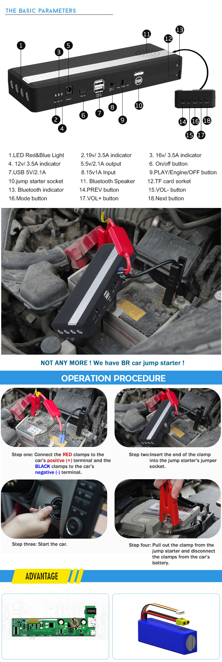 Emergency Jump Starter with Blue Tooth Speaker, for 12V Car