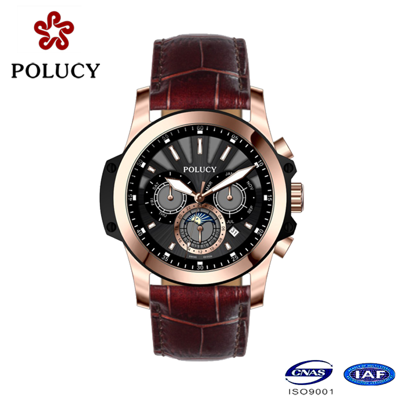 Custom Genuine Leather Chronograph Rose Gold Watch for Men