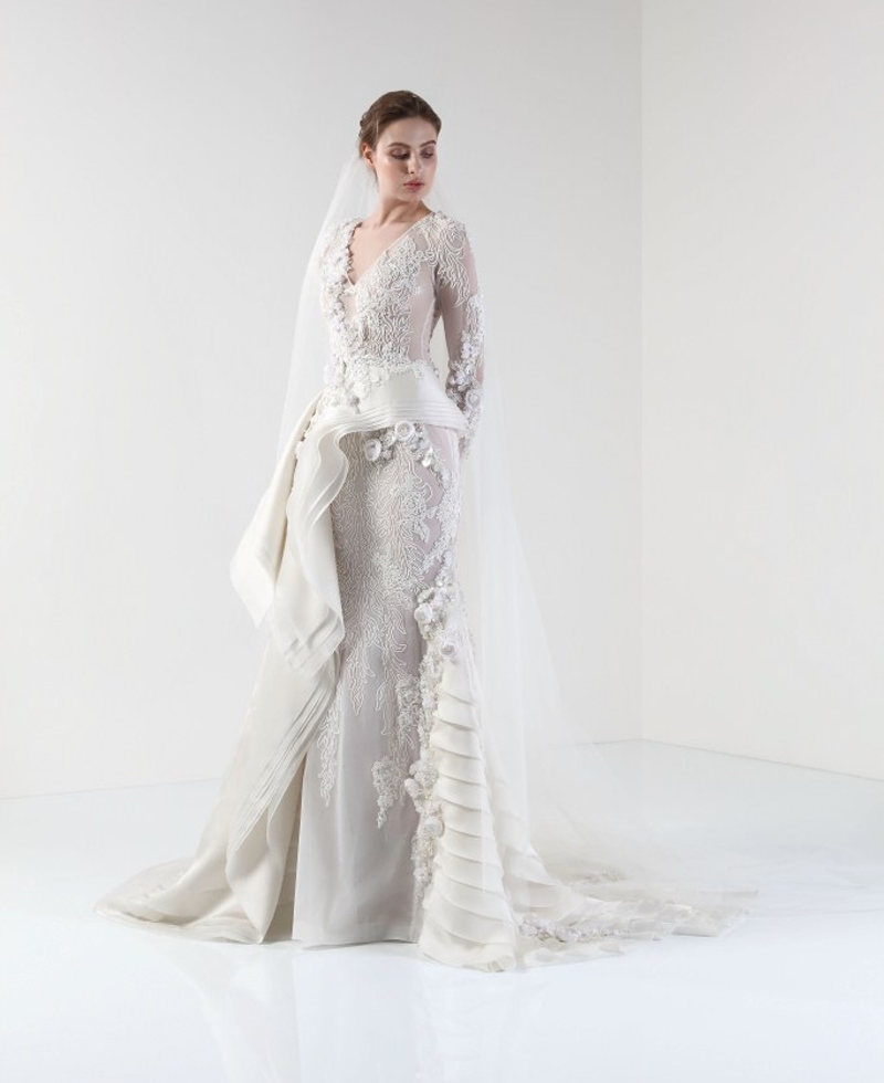 Beaded Deep V Long Sleeve Multi-Layerwedding Dress with Chapel Train