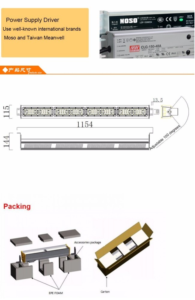 200W Outdoor IP65 High Bay LED Linear Lighting for Warehouse/Parking Lot/ LED Tunnel Light 50W 100W 150W 200W 250W 300W 400W 500W