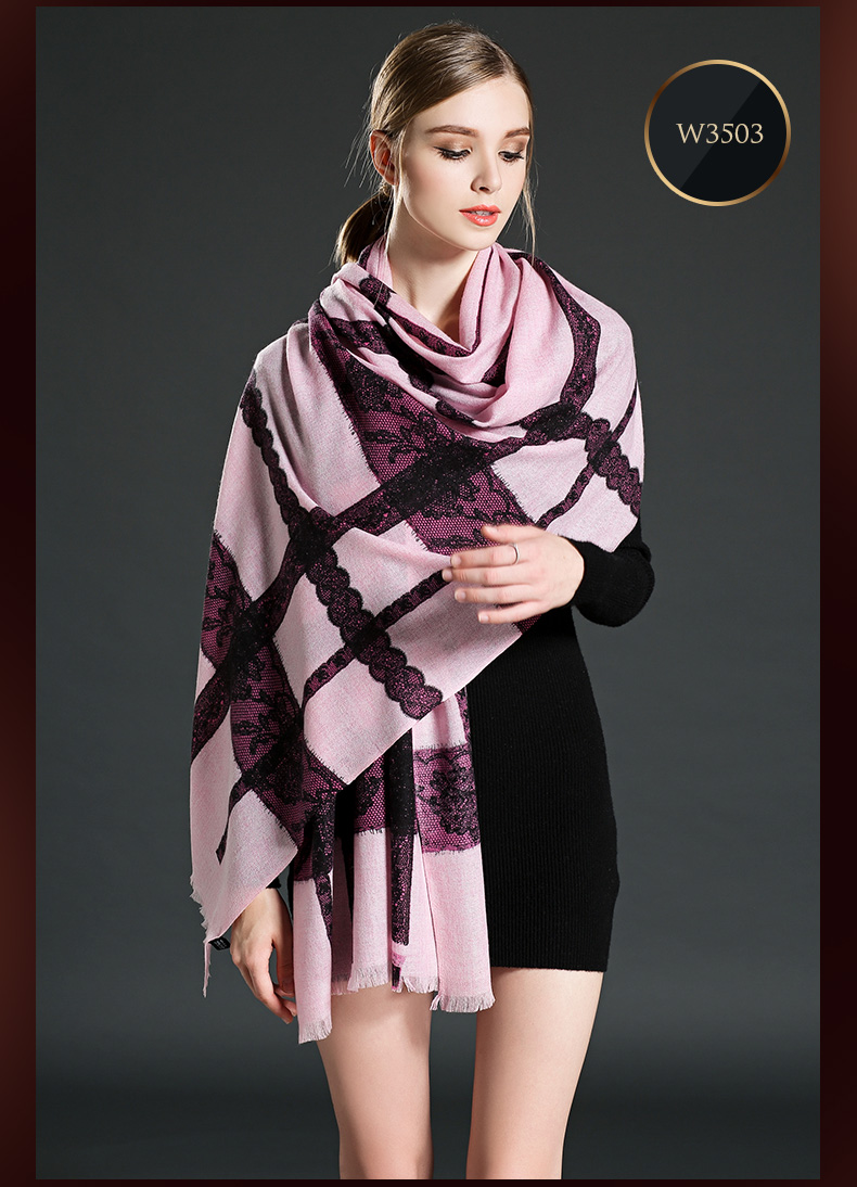 Women Pink Lace Stitching Wool Scarf Shawl