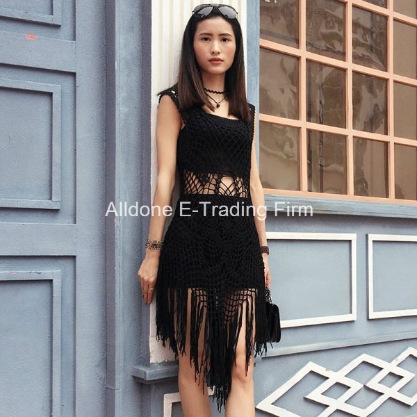 Sexy Cool Fringe Hand Crochet Beachwear Cover up Beach Dress