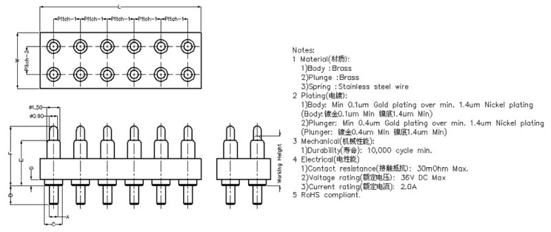 12 Pin Double Row Pogo Pin Connector, High Durability