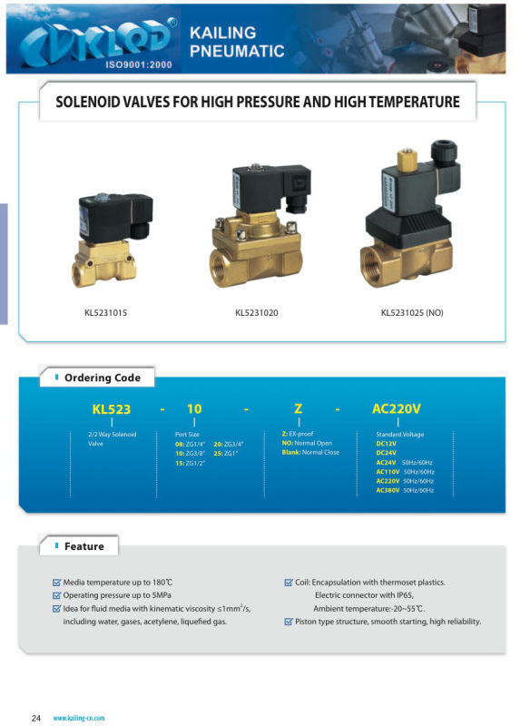 Kl523 Series High Pressure High Temperature Water Solenoid Valve 24V