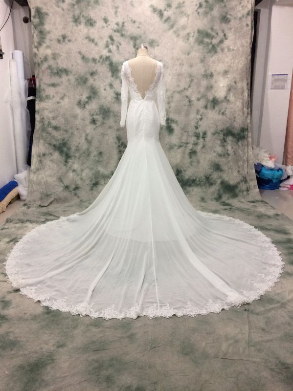 Long Sleeve Cathedral Train Chiffon Fit and Flare Wedding Dress