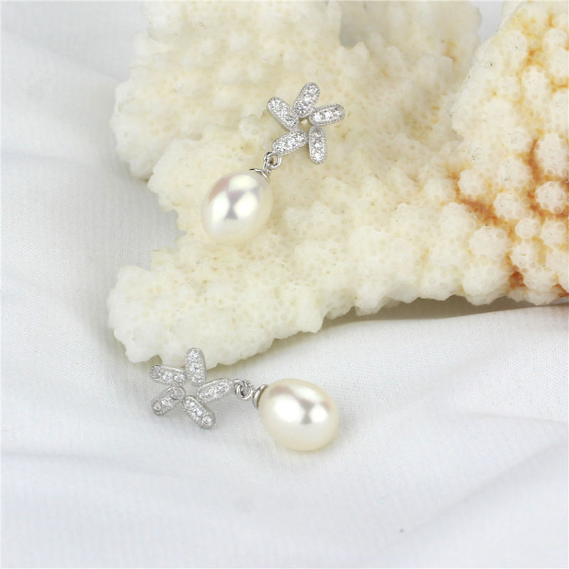 White Color Drop Shape 8-9mm AAA Pearl Earring Sterling Silver Freshwater White Pearl Earrings