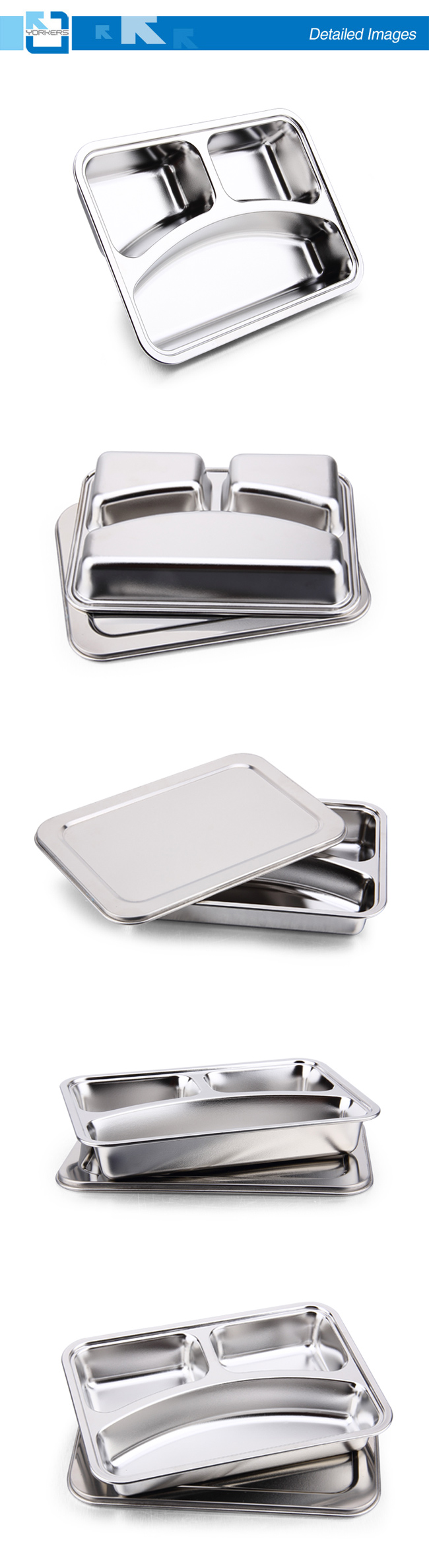 3 Compartments Rectangular Stainless Steel Fast Food Tray Snack Tray
