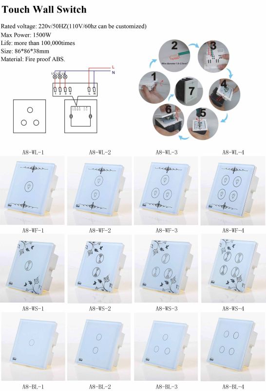 Wall Switch, Remote Control Touch Switch White Lamp ABS Fire Proof 16A 110-220V