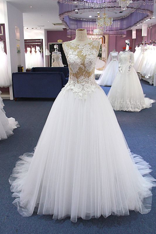 Champagne Top Lace Bodice Tulle Bottom Wedding Dress