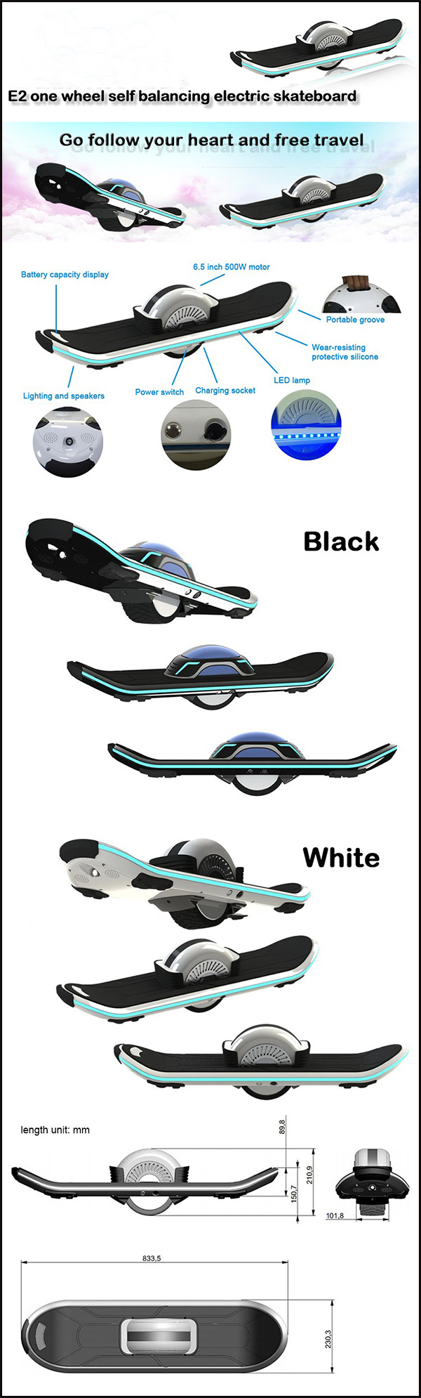 China Manufacturer 6.5 Inch 1 Wheel Hover Board Scooter Electric Skateboard E-Scooter