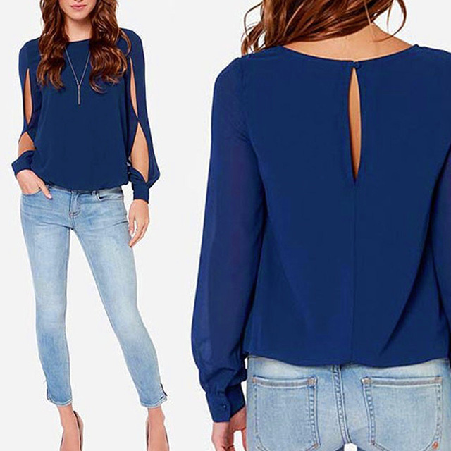 New Fashion Women Chiffon Blouse Women Long Sleeved Shirt Casual Tops Sexy Girls Blouse