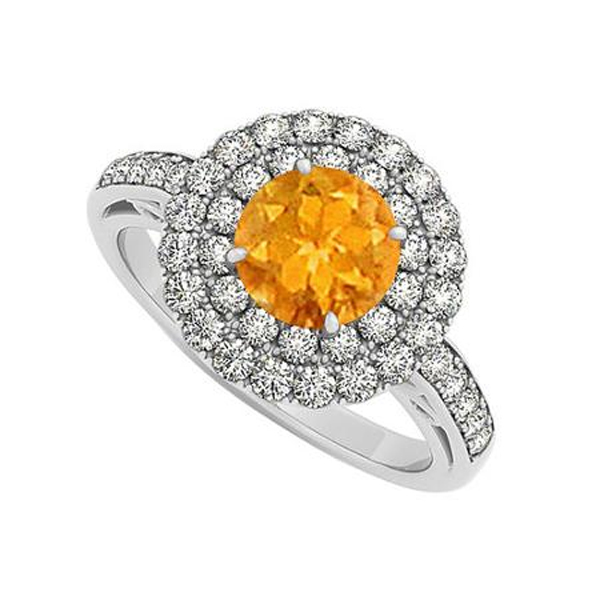 Citrine and Double Circle CZ Halo Silver Engagement Ring Jewelry