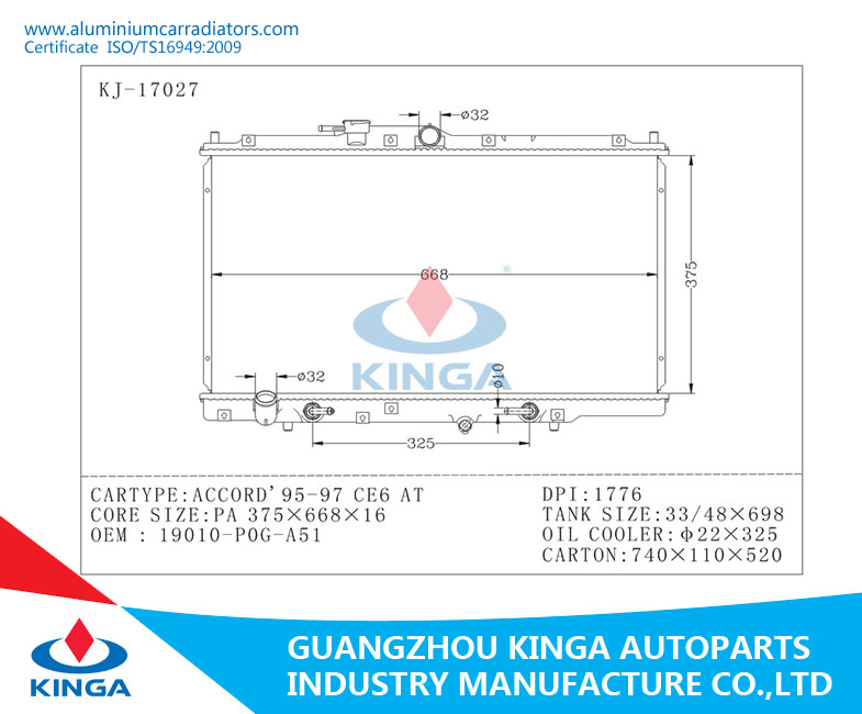 Car Auto Part AluminumRadiator for OEM 19010-Pog-A51