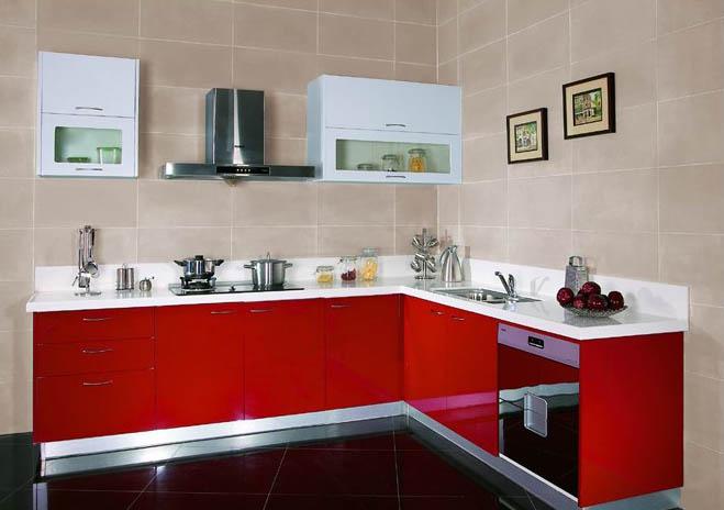 L Shape Red MDF Lacquer Kitchen Cabinet (pl-m-051)