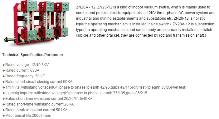 Zn28A-12; Zn28-12 Indoor AC High-Voltage Vacuum Circuit Breaker