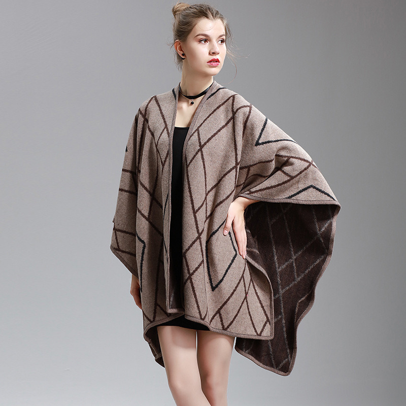 Womens Cashmere Feel Checked Diamond Printing Fancy Cape Stole Poncho Shawl (SP290)