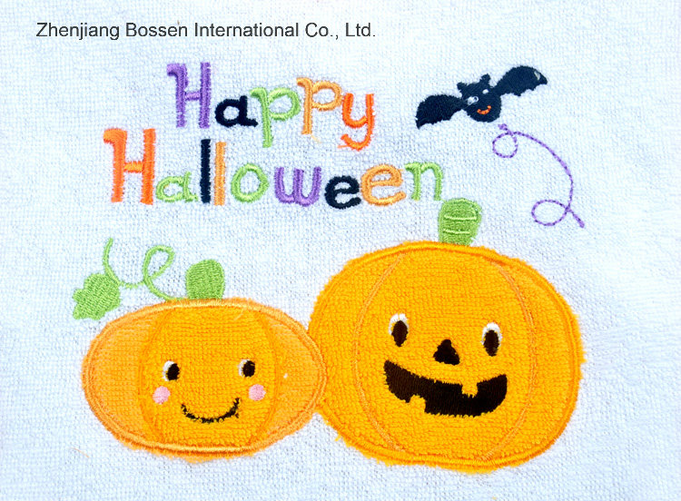 OEM Produce Customized Design Halloween Embroidered Cotton Terry White Applique Baby Feeder Drool Bib