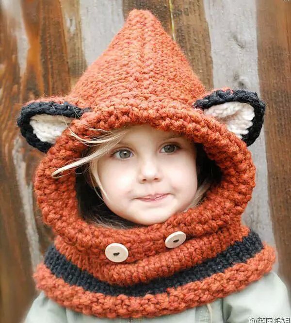 Warm Winter Kids Crochet Knitted Caps Coif Hood Fox Scarf Earflap Beanies Hat (HW602)